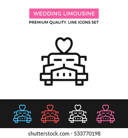 Vector wedding limousine icon. Limo car with heart on roof concept. Premium quality graphic design. Signs, outline symbols, simple thin line icons set for website, web design, mobile app, infographics