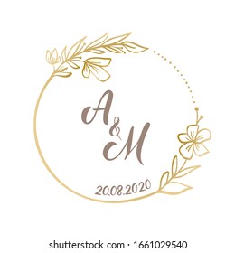 Logo Boda vectorial Fondo de la corona dorada. Marco floral fácil de editar. Perfecto para la invitación o tarjeta de felicitación con letras monográficas o texto.