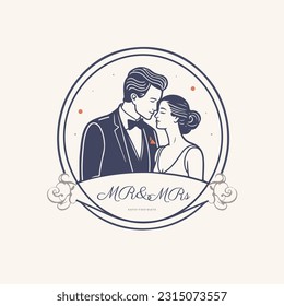 Vector wedding logo logotype Mr and Mrs in monochrome color isolated on light background.