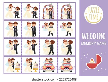 Vector wedding memory game cards with cute just married couple. Marriage ceremony matching activity. Remember and find correct card. Simple printable worksheet with bride, groom
