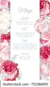 Vector wedding menu card with tulip flowers and garden roses on white background. Can be used as greeting card, floral design for cosmetic, perfume, beauty care products