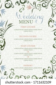 Vector wedding menu template with hand-drawn floral elements