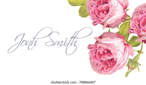 Vector wedding name card with garden rose flowers on white background.