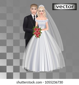 Vector, Wedding party, groom, bride in wedding dress, the couple got married, 3D, mesh, realistic illustration.