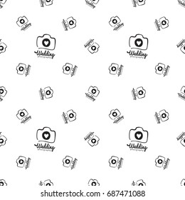 Vector wedding photography logo seamless pattern. Photography and photo studio hand drawn design elements, identity, labels, branding objects for business. Black sketch on white background.