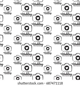 Vector wedding photography logo seamless pattern. Photography and photo studio hand drawn design elements, identity, labels, branding objects for business. Black sketch on white background.