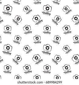 Vector wedding photography logo seamless pattern. Photography and photo studio hand drawn design elements, identity, labels, branding objects for business. Black sketch on white background.