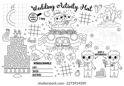 Colocación de bodas vectoriales para niños. Ceremonia matrimonial estampable de actividad con laberinto, tic tac cartas, conectar el punto, encontrar la diferencia. Ducha de novia estera de juego en blanco y negro, página de color
