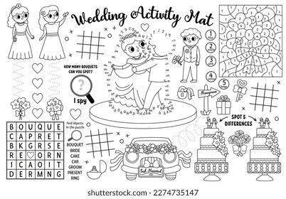 Vector wedding placemat for kids. Marriage ceremony printable activity mat with maze, tic tac toe charts, connect the dot, find difference. Bridal shower black and white play mat, coloring page