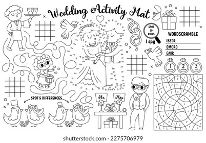 Vector wedding placemat for kids. Marriage ceremony printable activity mat with maze, tic tac toe charts, connect the dot, find difference. Bridal shower black and white play mat, coloring page