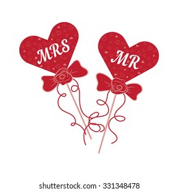 Vector wedding red hearts MR and MRS on a stick. Element for your wedding designs, wedding business projects, logo, and other your projects