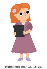 Vector wedding registrar illustration. Cute red heir girl in purple suit with flower. Official ceremony icon. Cartoon marriage guest. Elegant woman picture. Cute lady in smart outfit
