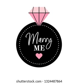 Vector wedding ring for bride, quote marry me. Jewel with diamond in flat style. Marriage proposal design for  card, invitation, poster. Icon for couple in love. 