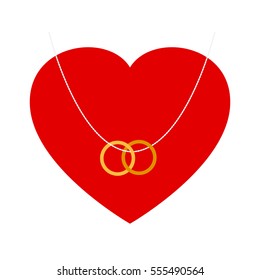 Vector of wedding ring and necklace on red heart.