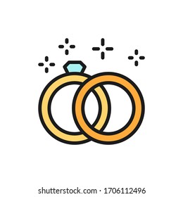 Vector wedding rings flat color line icon.