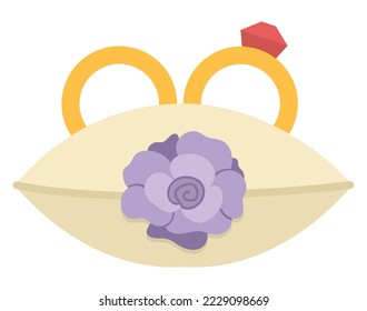 Vector wedding rings with red stone on little pillow with purple rose. Cute marriage or proposal symbol clipart element for bride and groom. Just married couple ceremony accessory illustration
