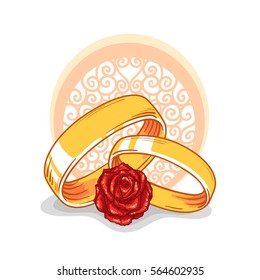 Vector wedding rings with rose. Colored version. Pastel beautiful colors.