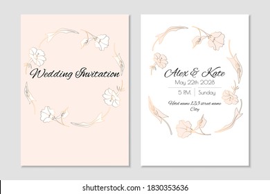 Vector wedding rose gold invitation template with bindweed flowers and leaves