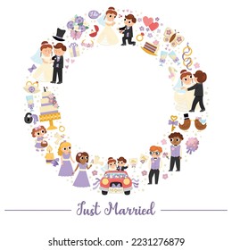 Vector wedding round frame with just married couple. Marriage ceremony wreath for banners, invitations. Cute matrimonial illustration with bride, groom, bridesmaids, bridegroom, cake, rings
