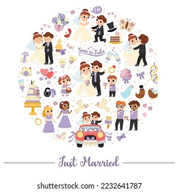 Vector wedding round frame with just married couple. Marriage ceremony card template for banners, invitations. Cute matrimonial illustration with bride, groom, bridesmaids, bridegroom, cake, rings
