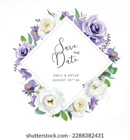 Vector wedding save the date, invitation card. Watercolor purple, violet garden rose flowers, helleborum, lisanthus, eucalyptus greenery leaves bouquet chic illustration. Editable floral frame, border