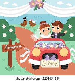 Vector wedding scene with cute just married couple. Marriage ceremony landscape with bride and groom. Husband and wife going to honeymoon on red car decorated with flowers
