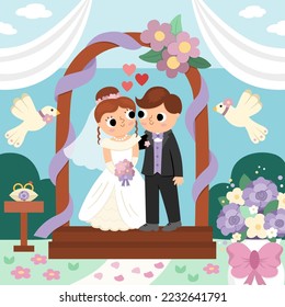 Vector wedding scene with cute just married couple. Marriage ceremony landscape with bride and groom. Husband and wife standing in the arck with doves and flowers
