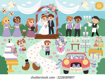 Vector wedding scene. Cute marriage ceremony illustration with just married couple in the arch, registrar, bridesmaids and bridegroom, candy bar, cake. Cartoon matrimonial sea landscape
