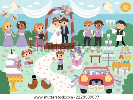 Vector wedding scene. Cute marriage ceremony illustration with just married couple in the arch, registrar, bridesmaids and bridegroom, candy bar, cake. Cartoon matrimonial sea landscape
