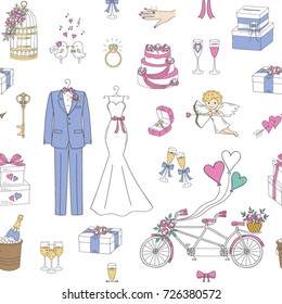   Vector wedding seamless background with hand drawn wedding icons, bride dress, groom suit, tandem bicycle, cake, birdcage, champagne and other decorations.