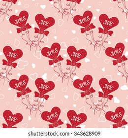 Vector Wedding seamless pattern with hearts MR and MRS on a stick. Element for your wedding designs, valentine s day projects, and other your romantic projects.