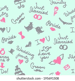 vector wedding seamless pattern with letterings and symbols