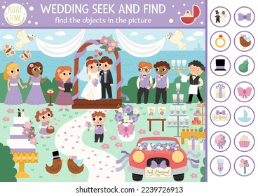 Juego de búsqueda de bodas vectoriales con la escena de la ceremonia matrimonial. Detectar objetos ocultos en la imagen. Buscar y encontrar actividades educativas imprimibles para niños con novias lindas, novio, invitados
