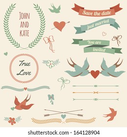 Vector wedding set with birds, hearts, arrows, ribbons, wreaths, flowers, bows, laurel.