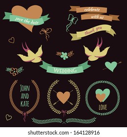 Vector wedding set with birds, hearts, arrows, ribbons, wreaths, flowers, bows, laurel.