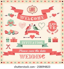 Vector wedding set with birds, hearts, gifts, arrows, ribbons, bows, laurel.