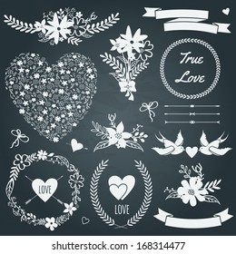 Vector wedding set with bouquets, birds, hearts, arrows, ribbons, wreaths, flowers, bows, laurel.