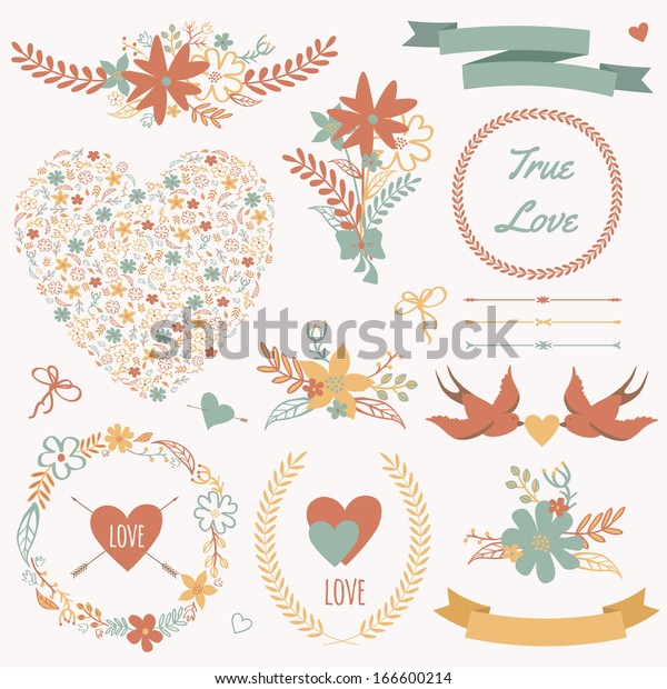 Vector wedding set with bouquets,\
birds, hearts, arrows, ribbons, wreaths, flowers, bows,\
laurel.