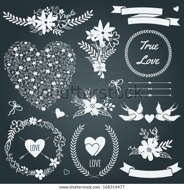 Vector wedding set with bouquets,\
birds, hearts, arrows, ribbons, wreaths, flowers, bows,\
laurel.