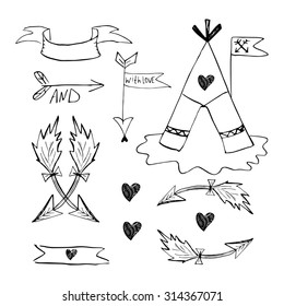 Vector wedding set collection with ethnic arrows, ribbons, flags, hearts