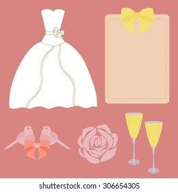 Vector wedding set for design of the dress, cards, glasses, roses and doves