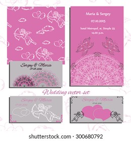 Vector wedding set of invitation, cards with angels, hearts and butterfly,  calligraphic text, hand draw pattern for paper.