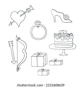 Vector Wedding set of line art icons. Hand drawn love symbols.