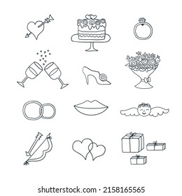 Vector Wedding set of line art icons. Hand drawn love symbols.