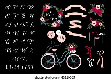 Vector wedding set with summer flowers, ribbons, bicycle and alphabet for your design. Vector illustration. Vintage collection