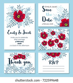 Vector wedding set. Templates for an invitation, thank you card, save the date, RSVP. Sketch flower ornaments, bouquets, and patterns in winter colors.