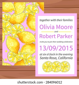 vector wedding set. watercolor lemon. seamless pattern with watercolor lemon