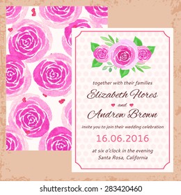 vector wedding set. watercolor rose. seamless pattern with watercolor rose