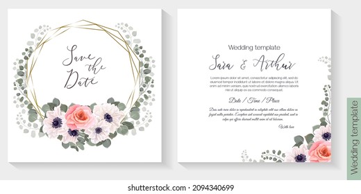 Vector wedding set. White anemones, pink roses, round polygonal gold frame, leaves, eucalyptus.