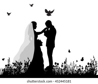 vector wedding  silhouette groom and bride in nature